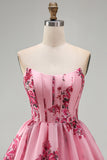 Floral Pink Strapless A Line Short Corset Homecoming Dress