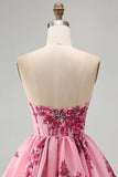 Floral Pink Strapless A Line Short Corset Homecoming Dress