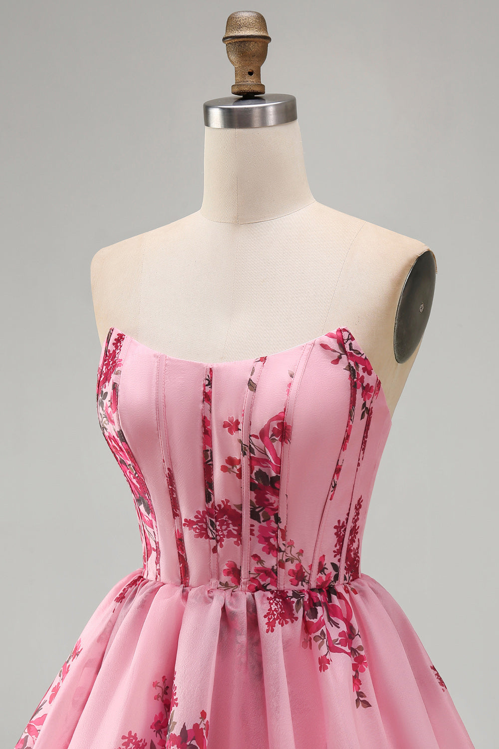 Floral Pink Strapless A Line Short Corset Homecoming Dress