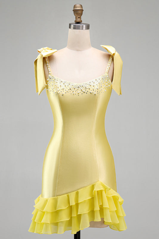 Yellow Tight Tiered Ruffed Beaded Satin Short Homecoming Dress with Bows