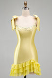 Yellow Tight Tiered Ruffed Beaded Satin Short Homecoming Dress with Bows