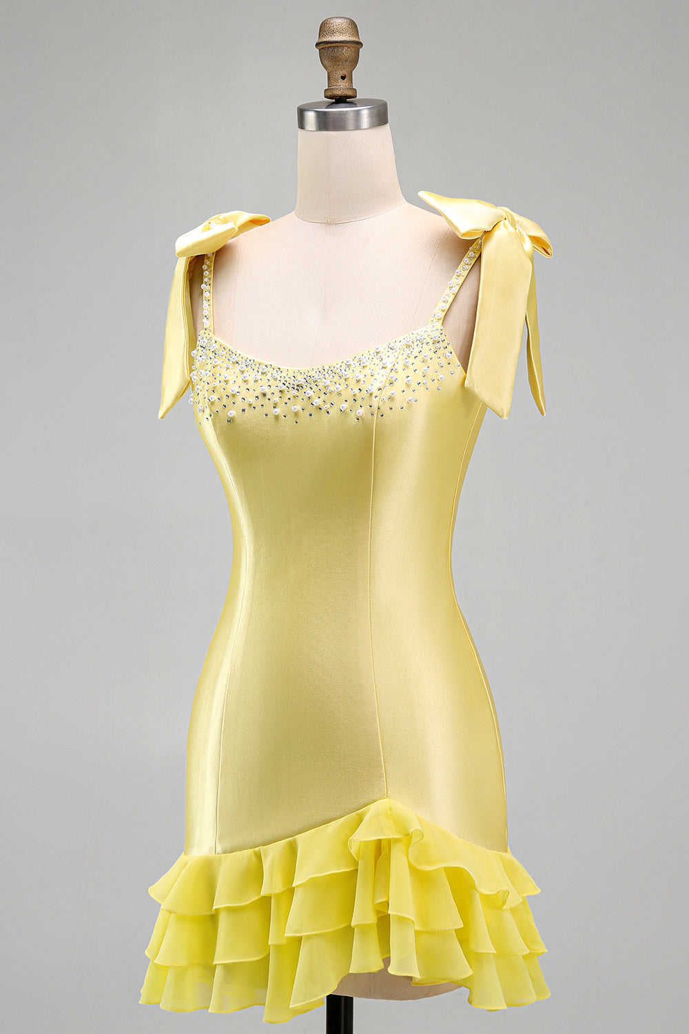 Yellow Tight Tiered Ruffed Beaded Satin Short Homecoming Dress with Bows