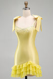Yellow Tight Tiered Ruffed Beaded Satin Short Homecoming Dress with Bows