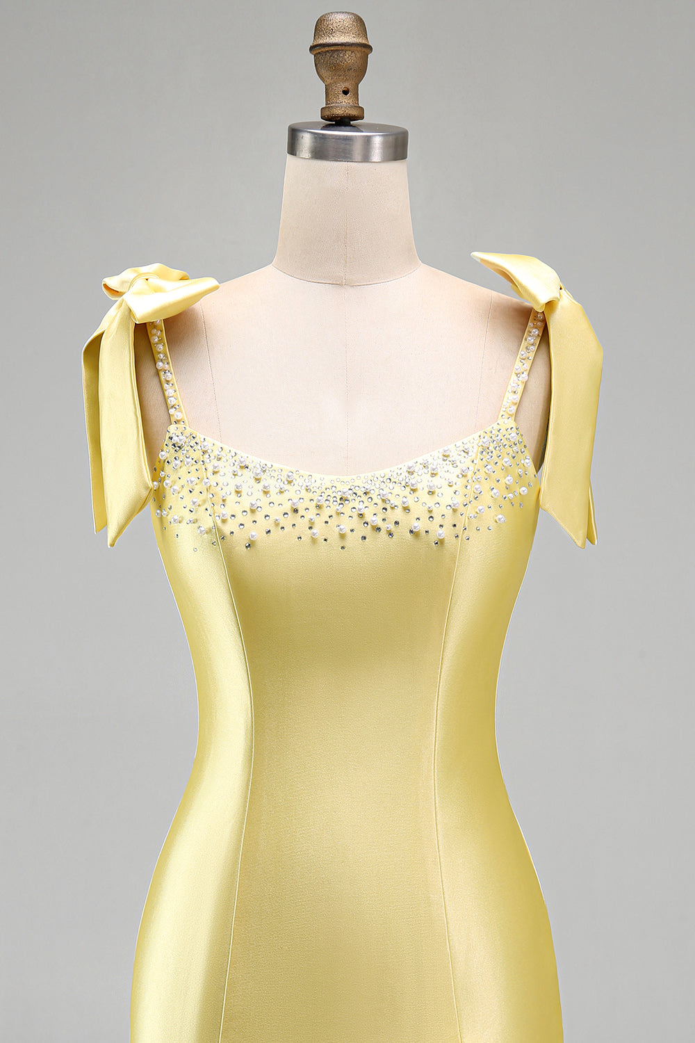 Yellow Tight Tiered Ruffed Beaded Satin Short Homecoming Dress with Bows
