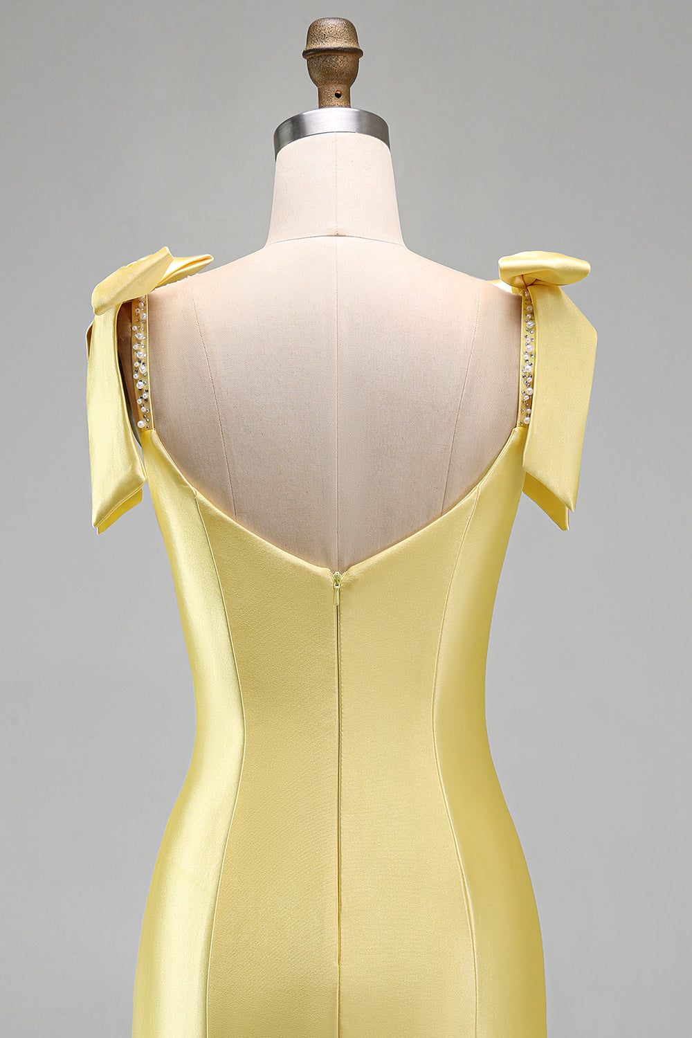 Yellow Tight Tiered Ruffed Beaded Satin Short Homecoming Dress with Bows
