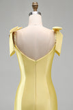 Yellow Tight Tiered Ruffed Beaded Satin Short Homecoming Dress with Bows