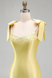 Yellow Tight Tiered Ruffed Beaded Satin Short Homecoming Dress with Bows