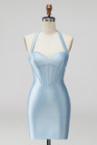 Sparkly Beaded Light Blue Corset Tight Halter Satin Short Homecoming Dress