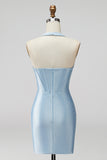 Sparkly Beaded Light Blue Corset Tight Halter Satin Short Homecoming Dress