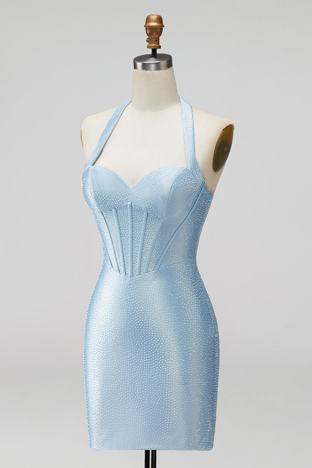 Sparkly Beaded Light Blue Corset Tight Halter Satin Short Homecoming Dress