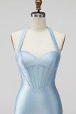 Sparkly Beaded Light Blue Corset Tight Halter Satin Short Homecoming Dress