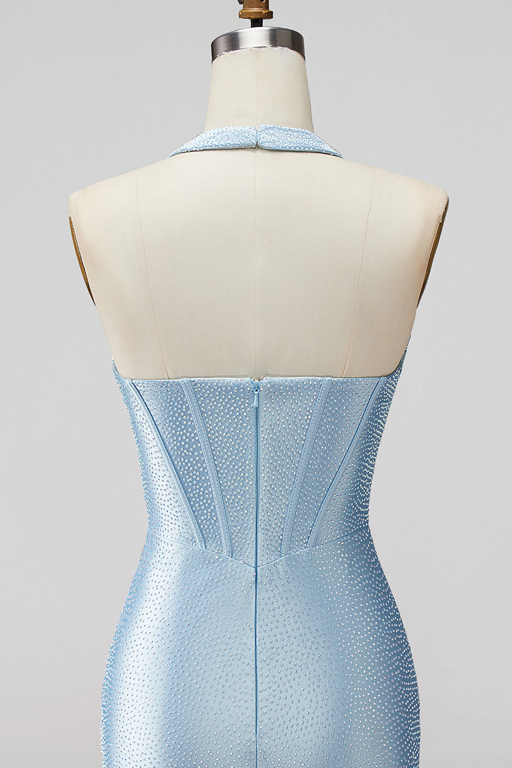 Sparkly Beaded Light Blue Corset Tight Halter Satin Short Homecoming Dress