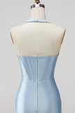 Sparkly Beaded Light Blue Corset Tight Halter Satin Short Homecoming Dress