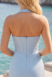 Sparkly Beaded Light Blue Corset Tight Halter Satin Short Homecoming Dress