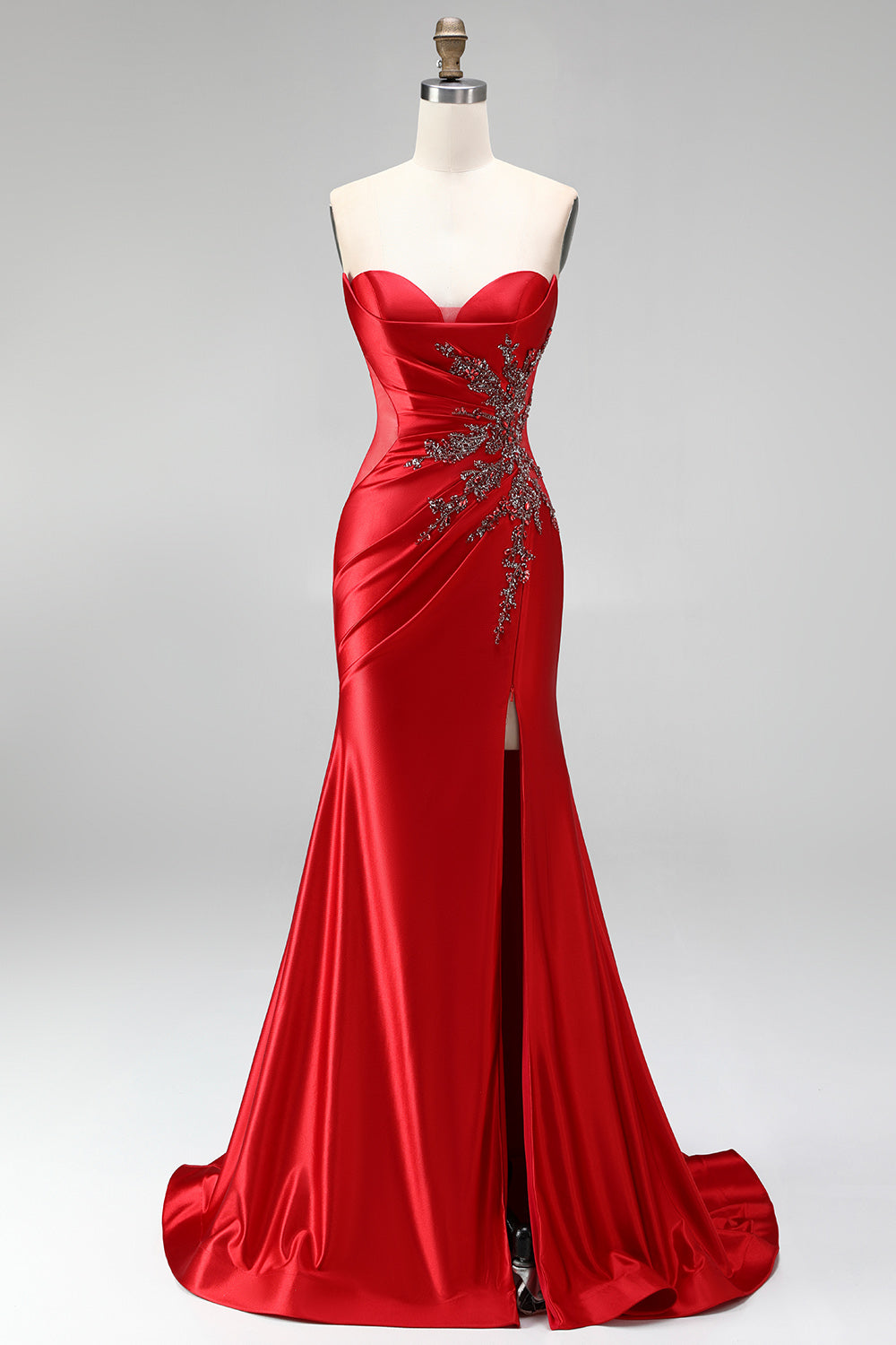 Red Satin Beaded Sweetheart Ruched Mermaid Long Prom Dress with Slit