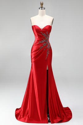 Red Satin Beaded Sweetheart Ruched Mermaid Long Prom Dress with Slit