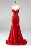 Red Satin Beaded Sweetheart Ruched Mermaid Long Prom Dress with Slit