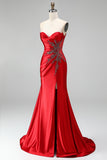 Red Satin Beaded Sweetheart Ruched Mermaid Long Prom Dress with Slit
