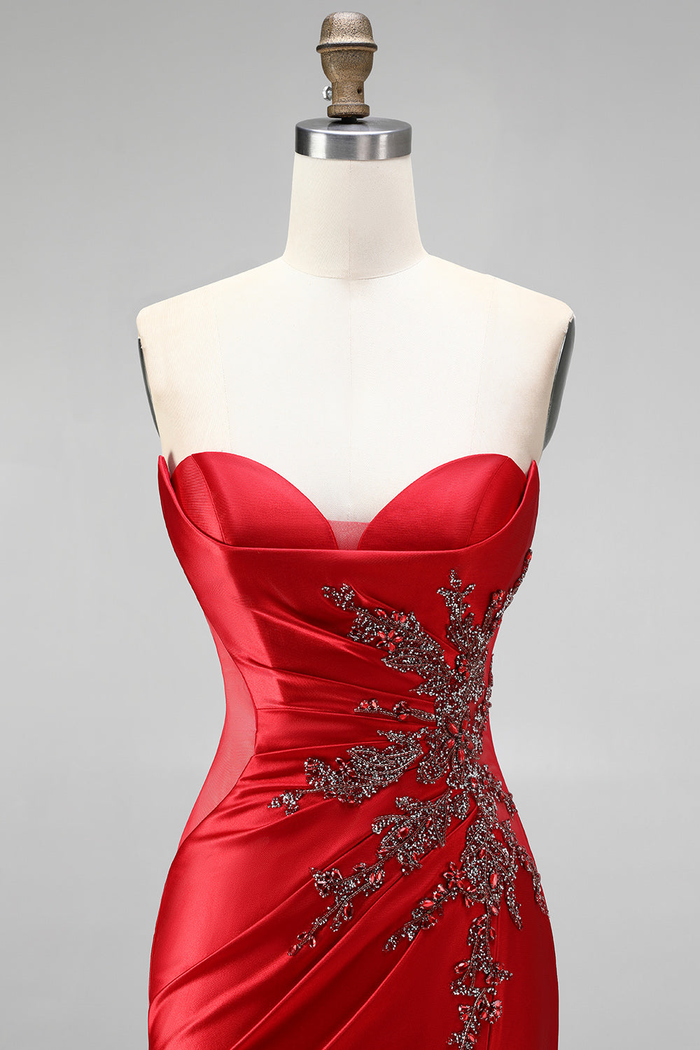 Red Satin Beaded Sweetheart Ruched Mermaid Long Prom Dress with Slit