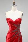 Red Satin Beaded Sweetheart Ruched Mermaid Long Prom Dress with Slit