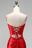 Red Satin Beaded Sweetheart Ruched Mermaid Long Prom Dress with Slit