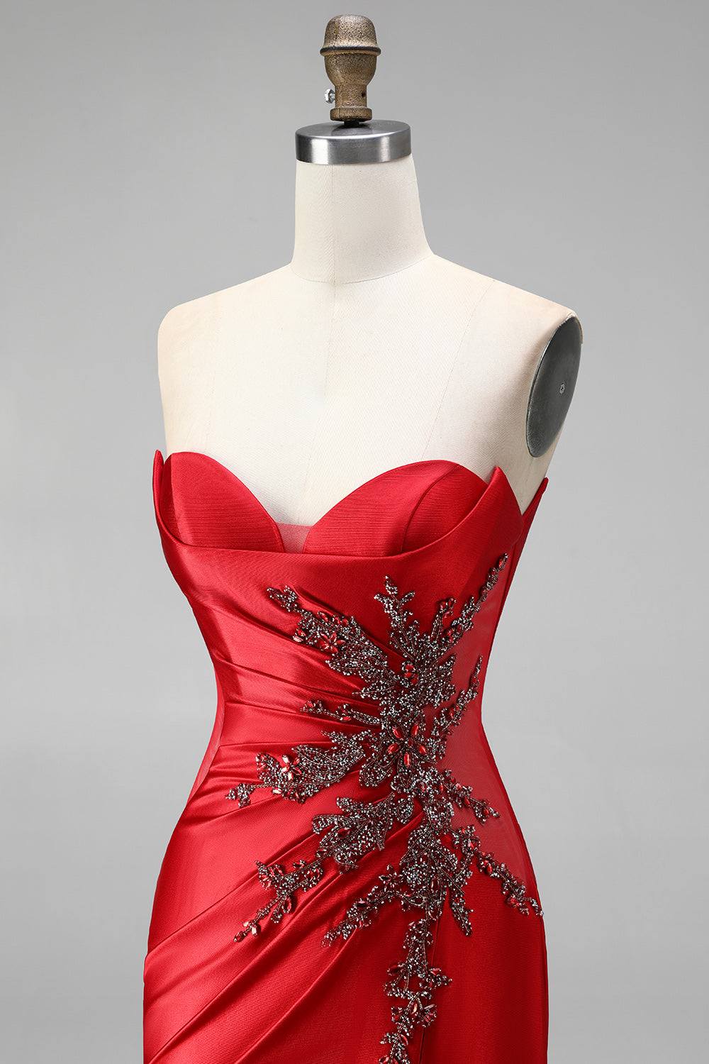 Red Satin Beaded Sweetheart Ruched Mermaid Long Prom Dress with Slit