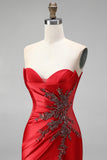 Red Satin Beaded Sweetheart Ruched Mermaid Long Prom Dress with Slit