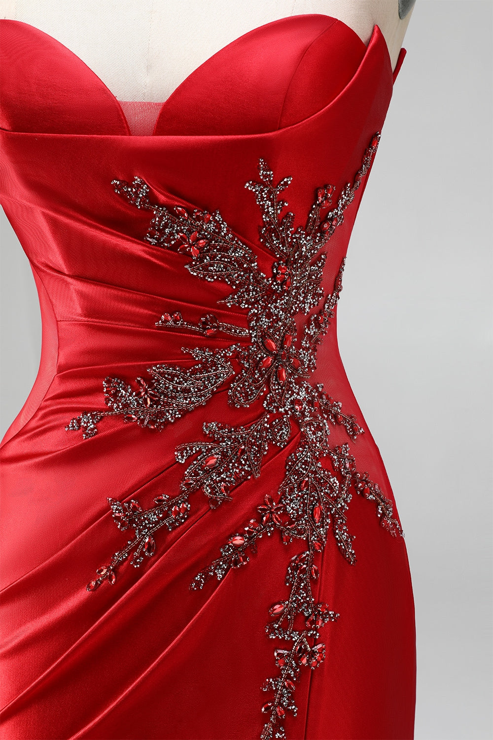 Red Satin Beaded Sweetheart Ruched Mermaid Long Prom Dress with Slit
