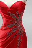 Red Satin Beaded Sweetheart Ruched Mermaid Long Prom Dress with Slit