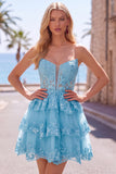 Navy Corset Sweetheart Tiered Short Homecoming Dress with Ruffles