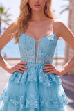 Navy Corset Sweetheart Tiered Short Homecoming Dress with Ruffles