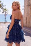 Navy Corset Sweetheart Tiered Short Homecoming Dress with Ruffles