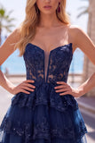 Navy Corset Sweetheart Tiered Short Homecoming Dress with Ruffles