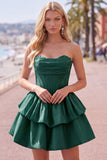 Dark Green Corset Strapless Tiered Short Ruffled Homecoming Dress