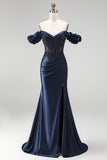 Sparkly Navy Mermaid Ruched Satin Beaded Long Formal Dress with Slit