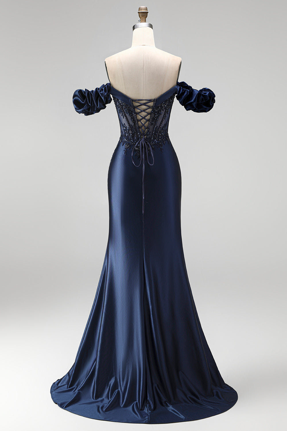 Sparkly Navy Mermaid Ruched Satin Beaded Long Formal Dress with Slit