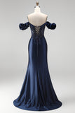 Sparkly Navy Mermaid Ruched Satin Beaded Long Formal Dress with Slit
