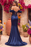 Sparkly Navy Mermaid Ruched Satin Beaded Long Formal Dress with Slit