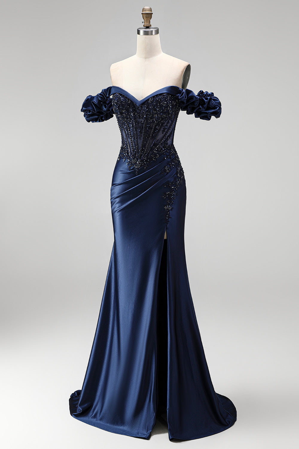 Sparkly Navy Mermaid Ruched Satin Beaded Long Formal Dress with Slit