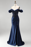 Sparkly Navy Mermaid Ruched Satin Beaded Long Formal Dress with Slit