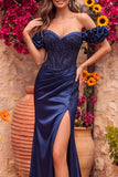 Sparkly Navy Mermaid Ruched Satin Beaded Long Formal Dress with Slit