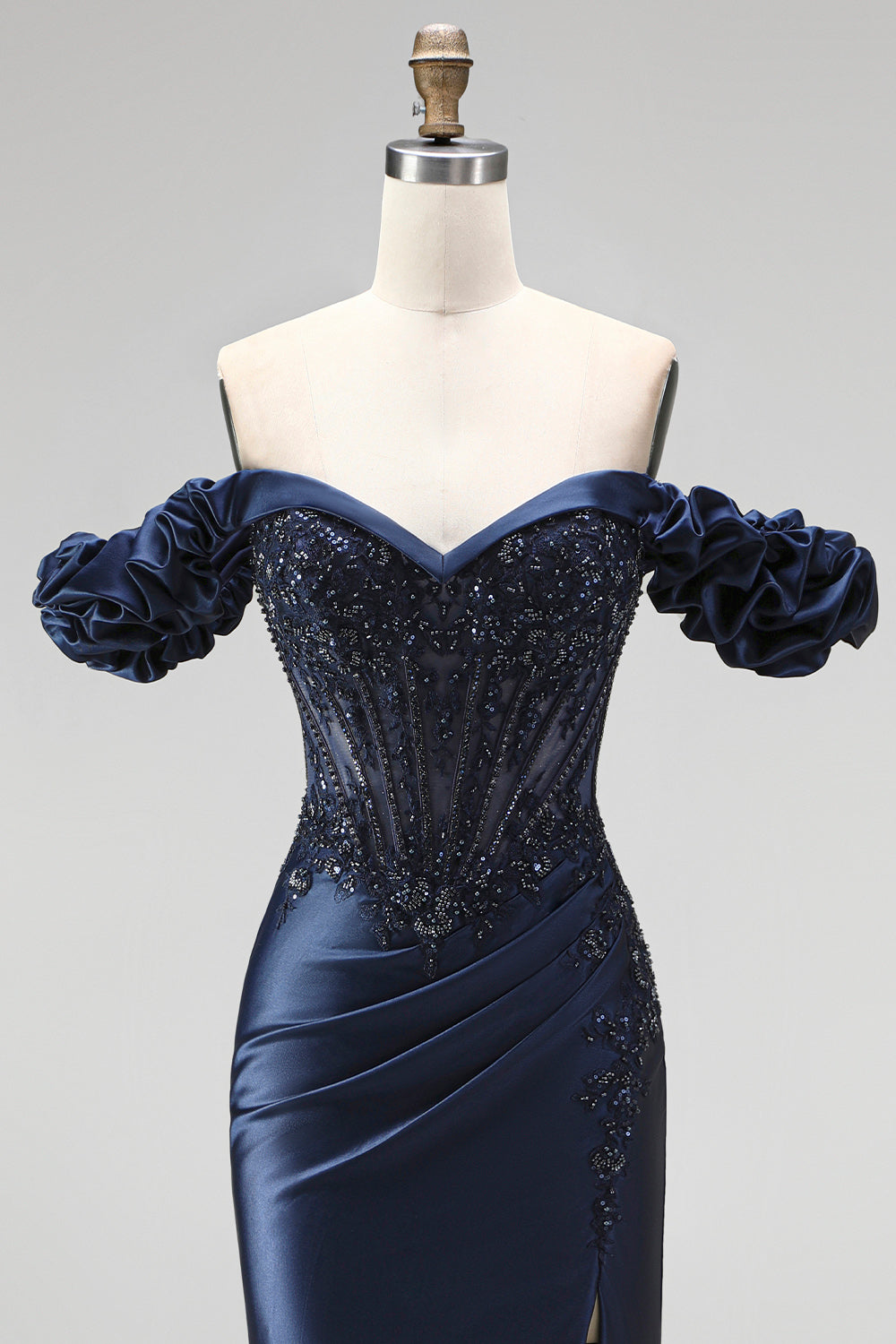 Sparkly Navy Mermaid Ruched Satin Beaded Long Formal Dress with Slit