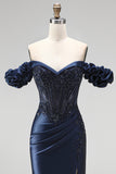 Sparkly Navy Mermaid Ruched Satin Beaded Long Formal Dress with Slit