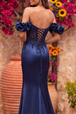 Sparkly Navy Mermaid Ruched Satin Beaded Long Formal Dress with Slit