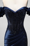 Sparkly Navy Mermaid Ruched Satin Beaded Long Formal Dress with Slit