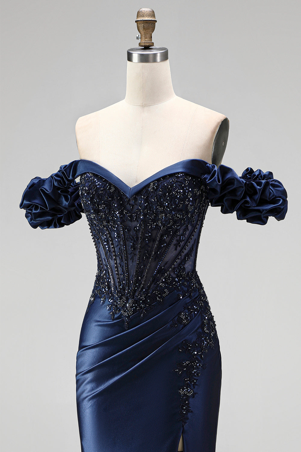 Sparkly Navy Mermaid Ruched Satin Beaded Long Formal Dress with Slit