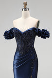 Sparkly Navy Mermaid Ruched Satin Beaded Long Formal Dress with Slit