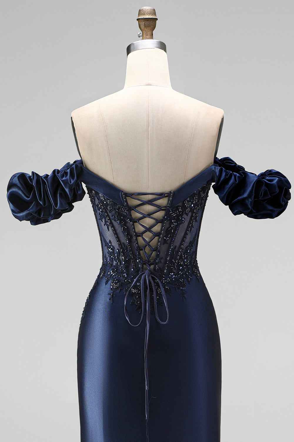 Sparkly Navy Mermaid Ruched Satin Beaded Long Formal Dress with Slit