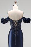Sparkly Navy Mermaid Ruched Satin Beaded Long Formal Dress with Slit