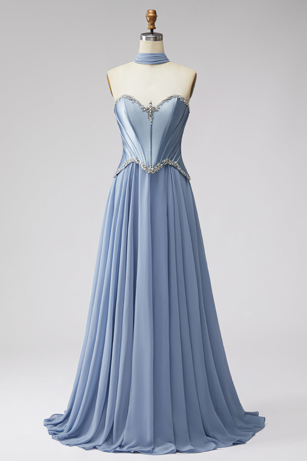 Sparkly Dusty Blue Corset Chiffon Long Sweetheart Prom Dress with Rhinestones